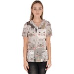 Cute Cats Seamless Pattern Women s V-Neck Scrub Top