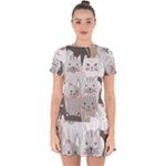 Cute Cats Seamless Pattern Drop Hem Mini Chiffon Dress