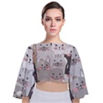 Cute Cats Seamless Pattern Tie Back Butterfly Sleeve Chiffon Top