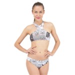 Cute Cats Seamless Pattern High Neck Bikini Set