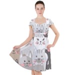 Cute Cats Seamless Pattern Cap Sleeve Midi Dress