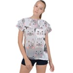 Cute Cats Seamless Pattern Ruffle Collar Chiffon Blouse