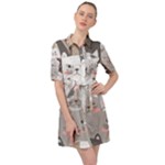 Cute Cats Seamless Pattern Belted Shirt Dress