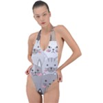 Cute Cats Seamless Pattern Backless Halter One Piece Swimsuit