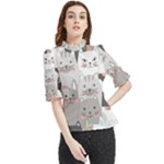 Cute Cats Seamless Pattern Frill Neck Blouse