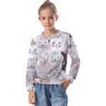 Cute Cats Seamless Pattern Kids  Long Sleeve Tee with Frill 