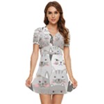 Cute Cats Seamless Pattern V-Neck High Waist Chiffon Mini Dress