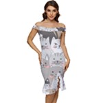 Cute Cats Seamless Pattern Off Shoulder Ruffle Split Hem Bodycon Dress