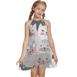 Cute Cats Seamless Pattern Kids  Halter Collar Waist Tie Chiffon Dress