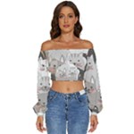 Cute Cats Seamless Pattern Long Sleeve Crinkled Weave Crop Top