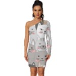 Cute Cats Seamless Pattern Long Sleeve One Shoulder Mini Dress