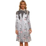 Cute Cats Seamless Pattern Long Sleeve Shirt Collar A-Line Dress