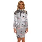 Cute Cats Seamless Pattern Long Sleeve Shirt Collar Bodycon Dress