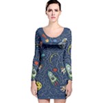 Cat-cosmos-cosmonaut-rocket Long Sleeve Velvet Bodycon Dress