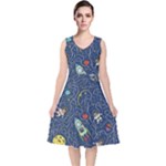 Cat-cosmos-cosmonaut-rocket V-Neck Midi Sleeveless Dress 