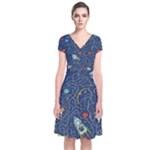 Cat-cosmos-cosmonaut-rocket Short Sleeve Front Wrap Dress