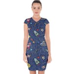 Cat-cosmos-cosmonaut-rocket Capsleeve Drawstring Dress 