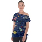 Cat-cosmos-cosmonaut-rocket Off Shoulder Tie-Up Tee