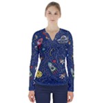 Cat-cosmos-cosmonaut-rocket V-Neck Long Sleeve Top