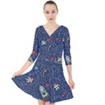 Cat-cosmos-cosmonaut-rocket Quarter Sleeve Front Wrap Dress