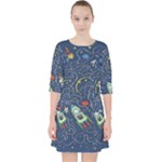 Cat-cosmos-cosmonaut-rocket Quarter Sleeve Pocket Dress