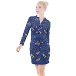 Cat-cosmos-cosmonaut-rocket Button Long Sleeve Dress