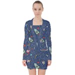 Cat-cosmos-cosmonaut-rocket V-neck Bodycon Long Sleeve Dress