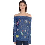 Cat-cosmos-cosmonaut-rocket Off Shoulder Long Sleeve Top