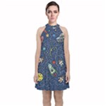 Cat-cosmos-cosmonaut-rocket Velvet Halter Neckline Dress 