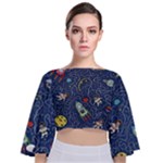 Cat-cosmos-cosmonaut-rocket Tie Back Butterfly Sleeve Chiffon Top