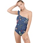 Cat-cosmos-cosmonaut-rocket Frilly One Shoulder Swimsuit