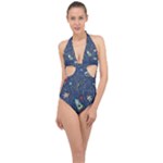 Cat-cosmos-cosmonaut-rocket Halter Front Plunge Swimsuit