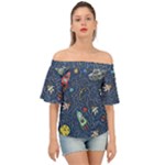 Cat-cosmos-cosmonaut-rocket Off Shoulder Short Sleeve Top