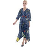 Cat-cosmos-cosmonaut-rocket Quarter Sleeve Wrap Front Maxi Dress