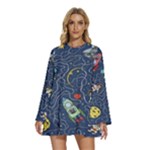 Cat-cosmos-cosmonaut-rocket Round Neck Long Sleeve Bohemian Style Chiffon Mini Dress