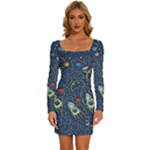 Cat-cosmos-cosmonaut-rocket Long Sleeve Square Neck Bodycon Velvet Dress