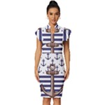 Anchor-background-design Vintage Frill Sleeve V-Neck Bodycon Dress