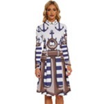 Anchor-background-design Long Sleeve Shirt Collar A-Line Dress