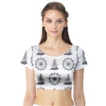 Marine-nautical-seamless-pattern-with-vintage-lighthouse-wheel Short Sleeve Crop Top