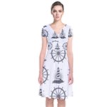 Marine-nautical-seamless-pattern-with-vintage-lighthouse-wheel Short Sleeve Front Wrap Dress