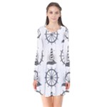 Marine-nautical-seamless-pattern-with-vintage-lighthouse-wheel Long Sleeve V-neck Flare Dress