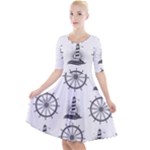 Marine-nautical-seamless-pattern-with-vintage-lighthouse-wheel Quarter Sleeve A-Line Dress