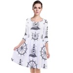 Marine-nautical-seamless-pattern-with-vintage-lighthouse-wheel Quarter Sleeve Waist Band Dress