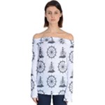 Marine-nautical-seamless-pattern-with-vintage-lighthouse-wheel Off Shoulder Long Sleeve Top