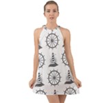 Marine-nautical-seamless-pattern-with-vintage-lighthouse-wheel Halter Tie Back Chiffon Dress