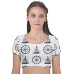 Marine-nautical-seamless-pattern-with-vintage-lighthouse-wheel Velvet Short Sleeve Crop Top 