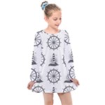 Marine-nautical-seamless-pattern-with-vintage-lighthouse-wheel Kids  Long Sleeve Dress