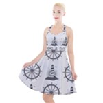 Marine-nautical-seamless-pattern-with-vintage-lighthouse-wheel Halter Party Swing Dress 