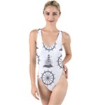 Marine-nautical-seamless-pattern-with-vintage-lighthouse-wheel High Leg Strappy Swimsuit