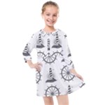 Marine-nautical-seamless-pattern-with-vintage-lighthouse-wheel Kids  Quarter Sleeve Shirt Dress